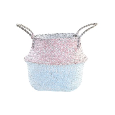 Basket DKD Home Decor Pink Sky blue Bicoloured Natural Fibre Mediterranean 25 x 25 x 25 cm
