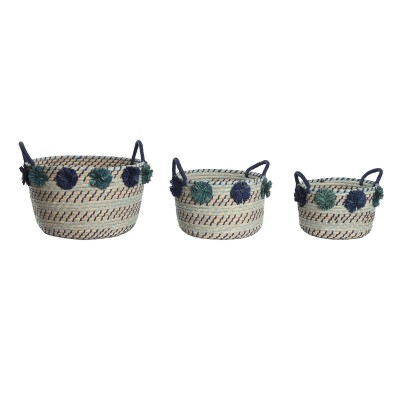 Basket set DKD Home Decor polypropylene Pompoms 46 x 44 x 34 cm