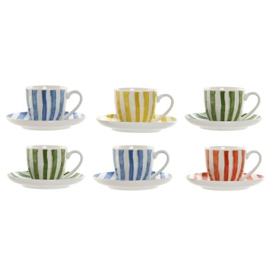 Jeu de 6 tasses avec plat Home ESPRIT Jaune Bleu Vert Corail Porcelaine Rayures méditerranéen 90 ml