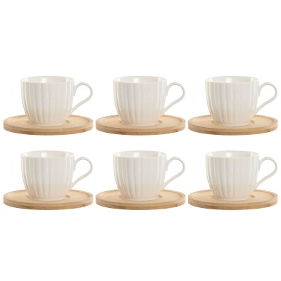 Set of 6 Cups with Plate Home ESPRIT White Natural Bamboo Porcelain 220 ml