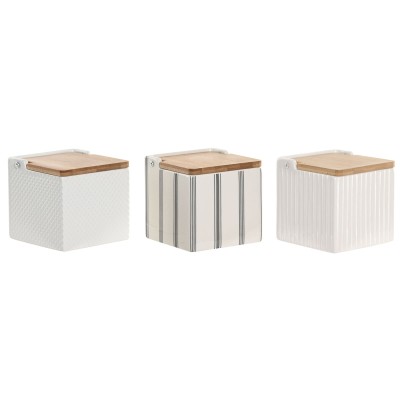 Salière avec couvercle Home ESPRIT Blanc Bambou Grès 11 x 11 x 11 cm (3 Unités)