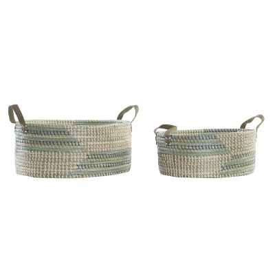 Set de basket DKD Home Decor Blanc Turquoise Naturel Herbier marin Tropical 45 x 35 x 18 cm 2 Pièces