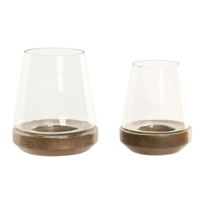 Bougeoir Home ESPRIT Marron Naturel Verre Bois de manguier 12 x 12 x 15 cm (2 Unités)