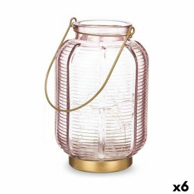 LED Lantern Gift Decor Pink Golden Glass Stripes 13,5 x 22 x 13,5 cm (6 Units)