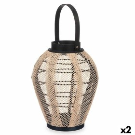 Lanterne Gift Decor Noir Beige Bois Tissu verre Lanterne 25 x 30 x 25 cm Avec poignée (2 Unités)