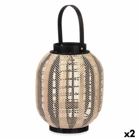 Lanterne Gift Decor Noir Beige Bois Tissu verre Lanterne 27 x 32 x 27 cm Avec poignée (2 Unités)