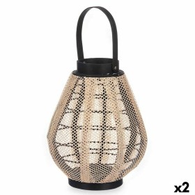 Lanterne Gift Decor Noir Beige Bois Tissu verre Lanterne 25 x 30 x 25 cm Avec poignée (2 Unités)