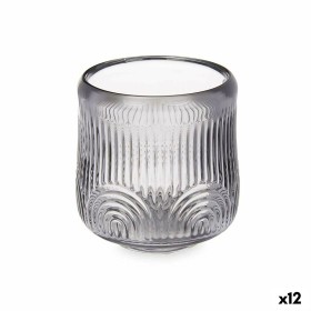 Candleholder Gift Decor Grey Crystal 9 x 9,5 x 9 cm Stripes (12 Units)