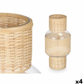Candleholder Gift Decor Transparent Natural Glass Rattan 18 x 38 x 18 cm (4 Units)
