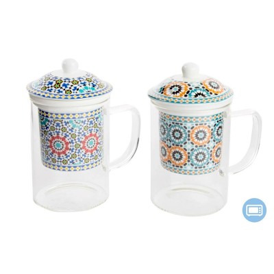 Cup with Tea Filter DKD Home Decor Multicolour Orange Tile Arab 300 ml (2 Units)