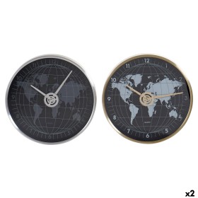 Horloge Murale DKD Home Decor Noir Doré Argenté Aluminium Verre Mappemonde 30 x 4,3 x 30 cm (2 Unités)