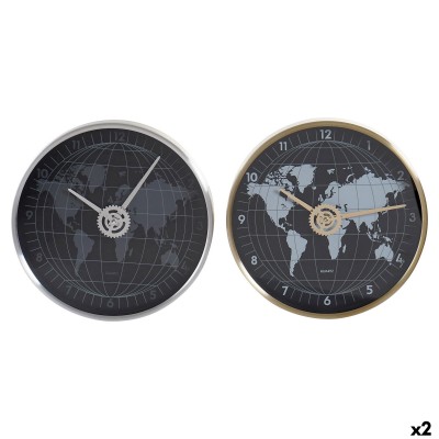 Wall Clock DKD Home Decor Black Golden Silver Aluminium Crystal World Map 30 x 4,3 x 30 cm (2 Units)