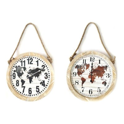 Wall Clock DKD Home Decor Black Brown Rope MDF Wood World Map (2 pcs) (50 x 4 x 50 cm)