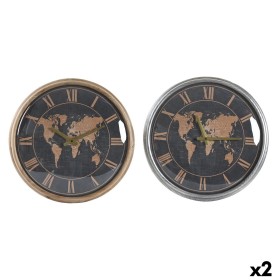 Horloge Murale DKD Home Decor 46 x 6,5 x 46 cm Verre Argenté Noir Doré Marron Fer Mappemonde (2 Unités)