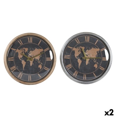 Wall Clock DKD Home Decor 46 x 6,5 x 46 cm Crystal Silver Black Golden Brown Iron World Map (2 Units)