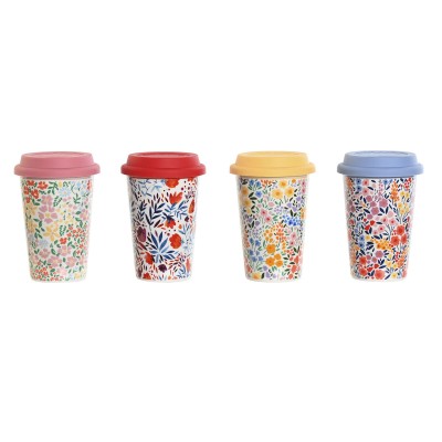 Cup with lid DKD Home Decor Multicolour Flowers 400 ml (4 Units)