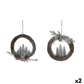 Advent wreathe DKD Home Decor Natural wicker Pineapple Snowfall 32 x 7 x 32 cm (2 Units)