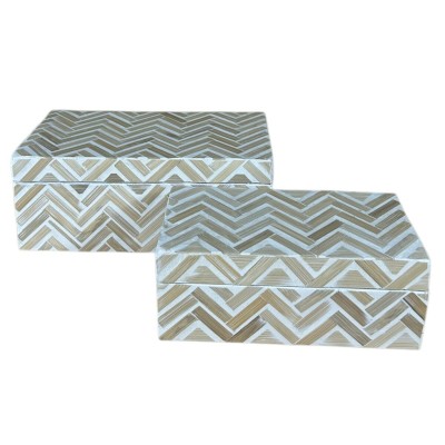 Set of decorative boxes Home ESPRIT White Brown Resin Bamboo Tropical (2 Units)