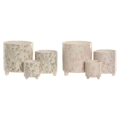 Planter Home ESPRIT White Green Pink Ceramic Flowers Shabby Chic 13,7 X 13,7 X 14,7 CM (3 Pieces) (2 Units)