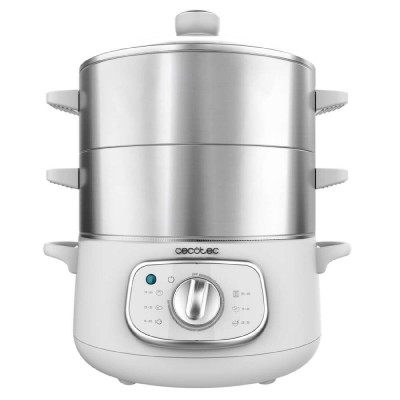 Cuiseur vapeur électrique Cecotec SteelPot 1300W, 3 bacs inox, arrêt auto, blanc