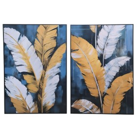 Painting Home ESPRIT Blue Golden Feathers Modern 70 x 3,5 x 100 cm (2 Units)