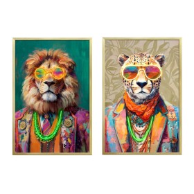 Cadre Home ESPRIT Beige Rose Fleurs Lion Moderne 63 x 3 x 93 cm (2 Unités)