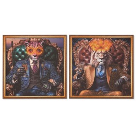 Painting Home ESPRIT Yellow Blue Golden Leopard Lion Loft 100 x 4 x 100 cm (2 Units)