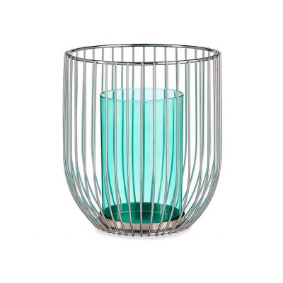 Bougeoir Gift Decor Bleu Argenté Argent Métal verre 15 x 17 x 15 cm Cage